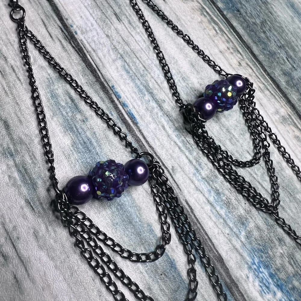 Purple bead and gunmetal chain long dangle earrings